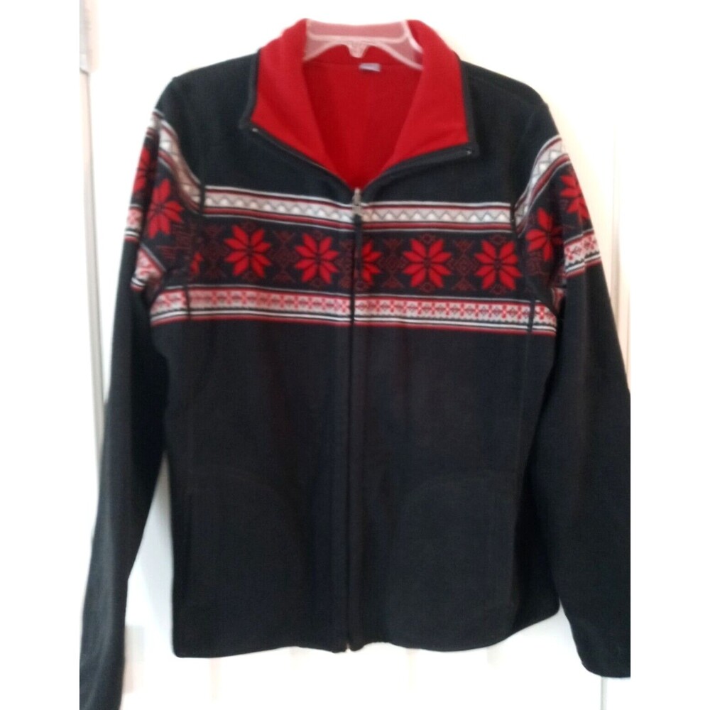 Laura Scott Women's Coat L Black Floral Fleece Long Sleeve Reversible to Red